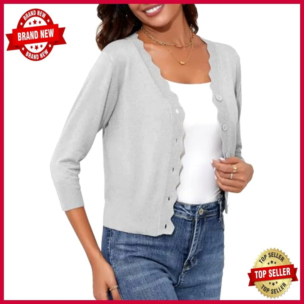 Lightweight Cropped Cardigan 3/4 Sleeve Button Down V-Neck Shrug - Picture 4 of 4